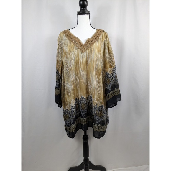Catherines Tunic V Neck 3/4 Sleeve Crinkle Crochet Gold Black Womens Sz 3X A068 - Picture 1 of 8